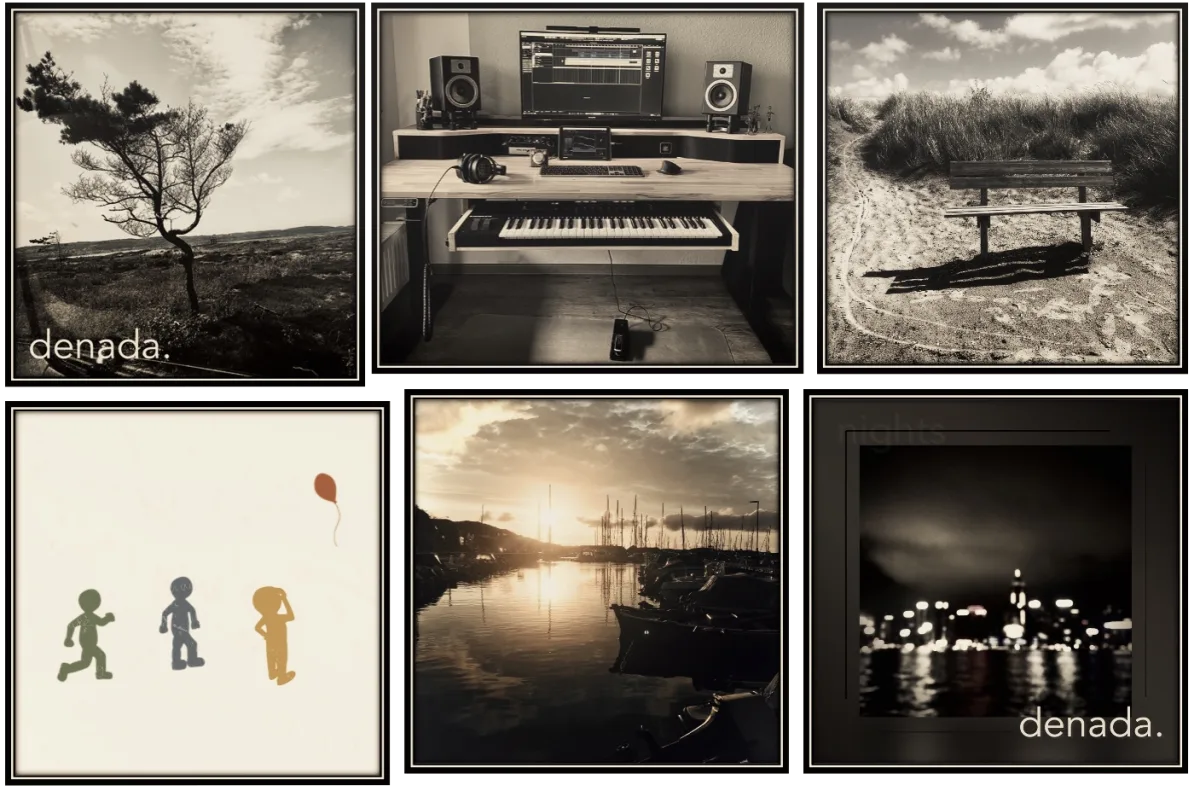 A collage of denada. studio setups, nature photography, and cover artwork